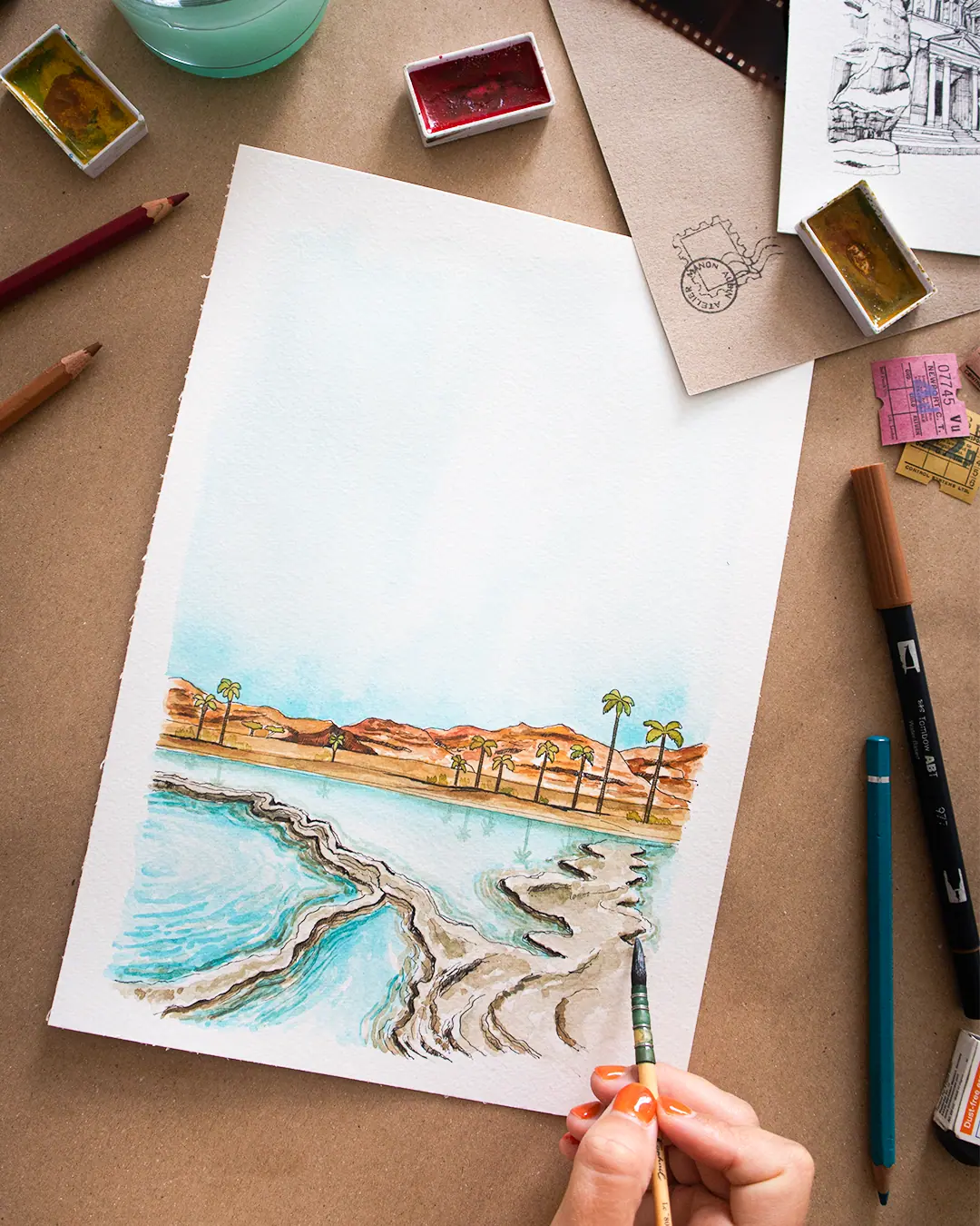 Illustration aquarelle de Pétra en Jordanie – collaboration Lettres d’un Explorateur par Manon Aubin