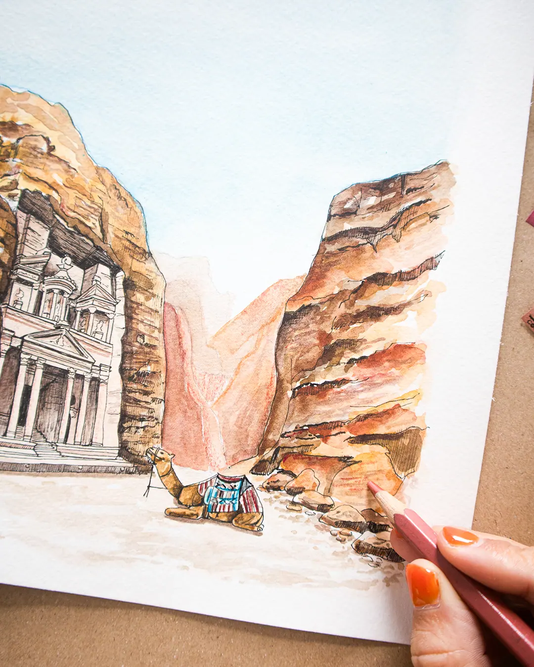 Illustration aquarelle de Pétra en Jordanie – collaboration Lettres d’un Explorateur par Manon Aubin
