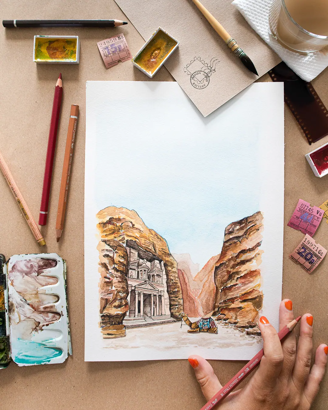 Aquarelle Pétra, désert et chameau pour Lettres d'un explorateur.