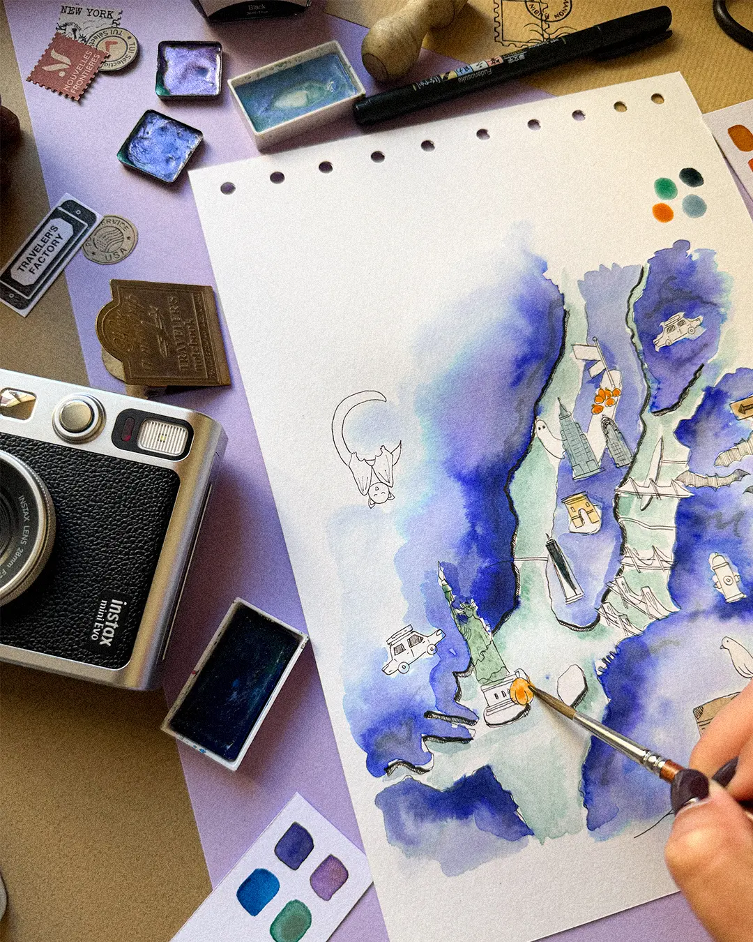 Mise en couleur à l'aquarelle de la carte de New York, thème Halloween