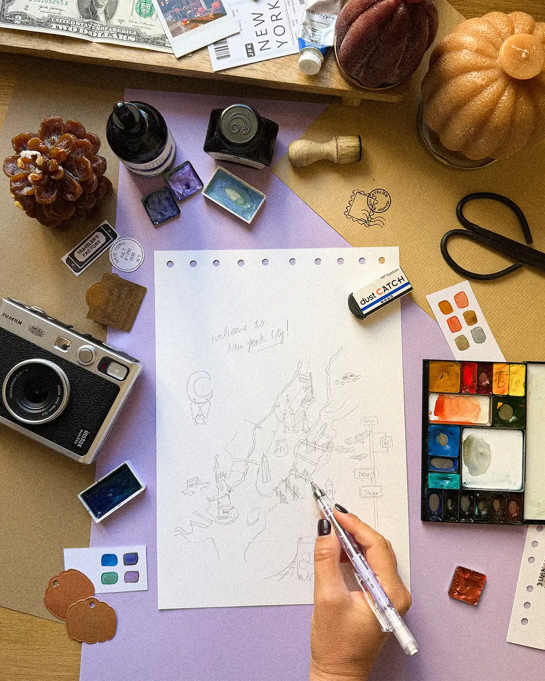 Esquisse au crayon de la carte illustrée de New York pour Nouvelles Frontières