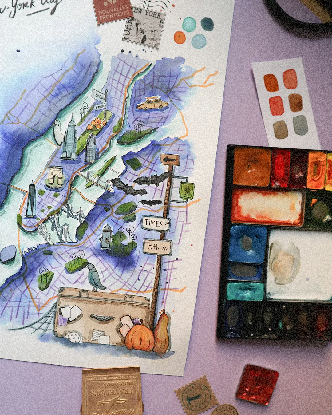 Carte illustrée de New York à l'aquarelle pour Nouvelles Frontières, vue d'ensemble