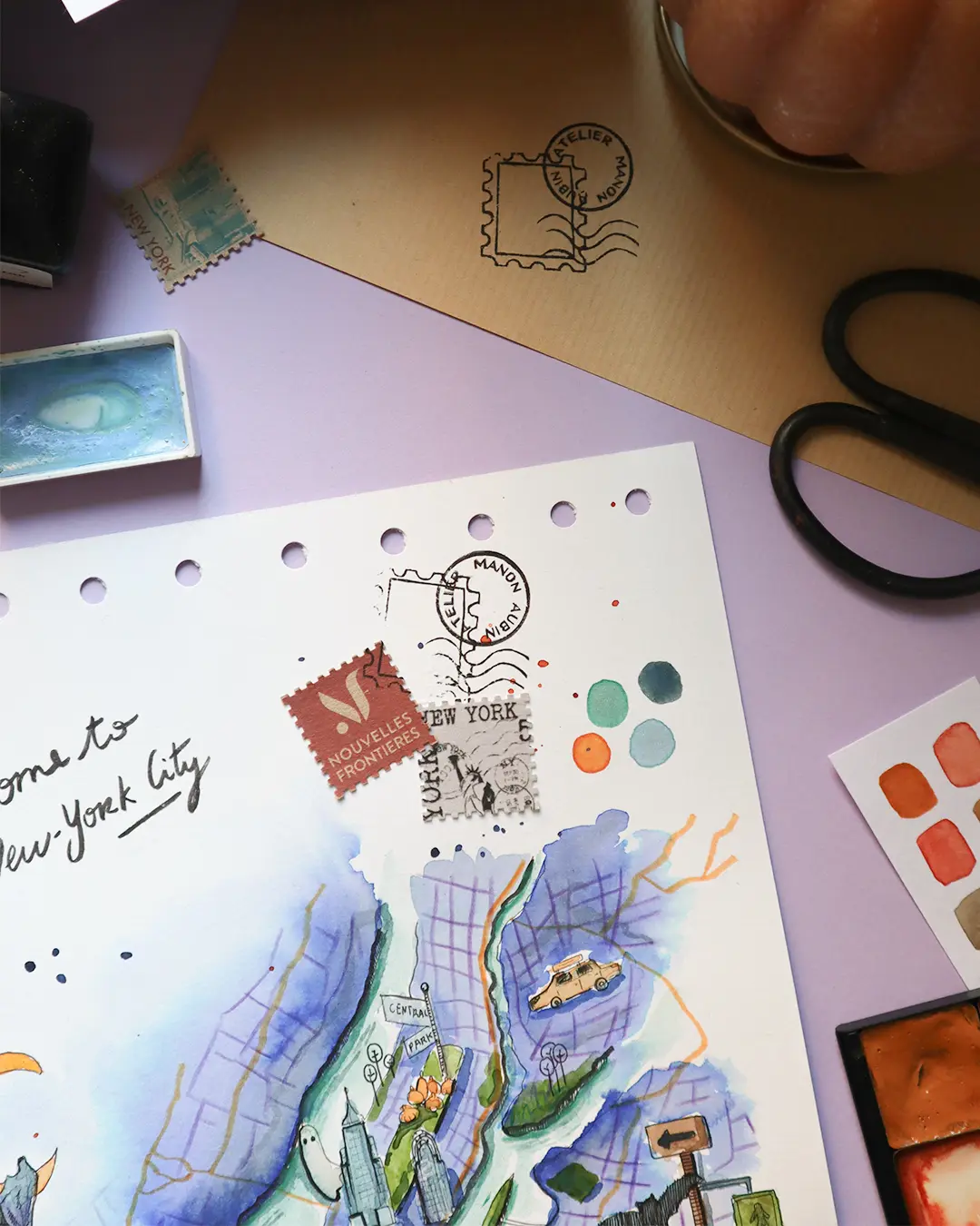 Détail de la carte de New York à l'aquarelle avec cachets et lettrage Welcome to New York City