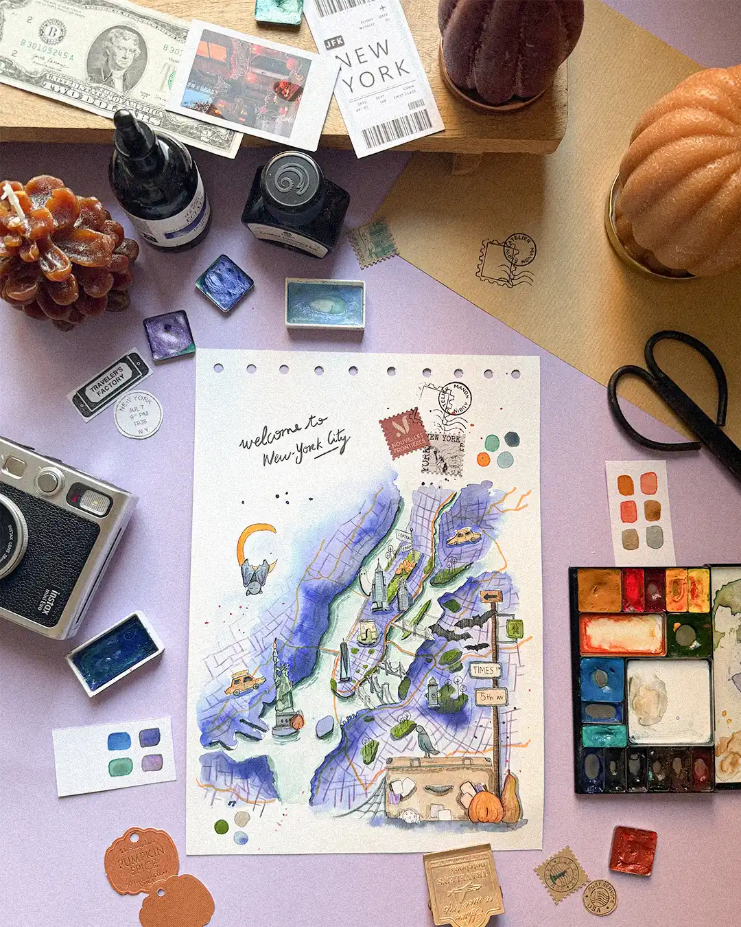 Carte de New York aquarellée terminée, ambiance Halloween, pour Nouvelles Frontières